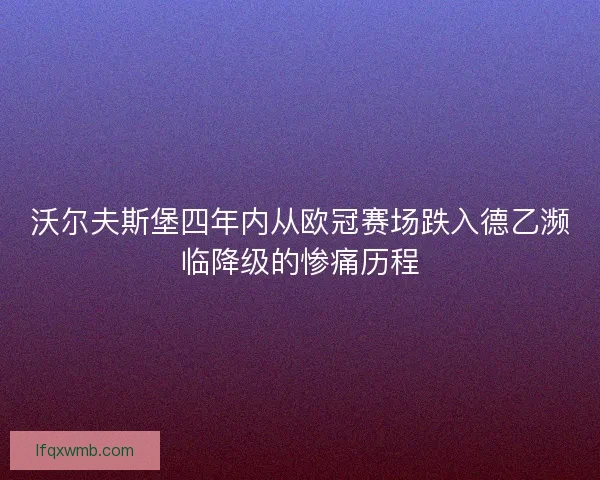 沃尔夫斯堡四年内从欧冠赛场跌入德乙濒临降级的惨痛历程 沃尔夫斯堡四年内从欧冠赛场跌入德乙濒临降级的惨痛历程